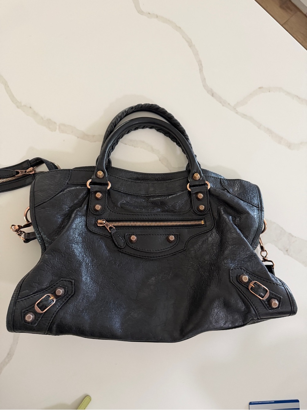 Balenciaga Black Leather City Bag with Rose Gold Hardware